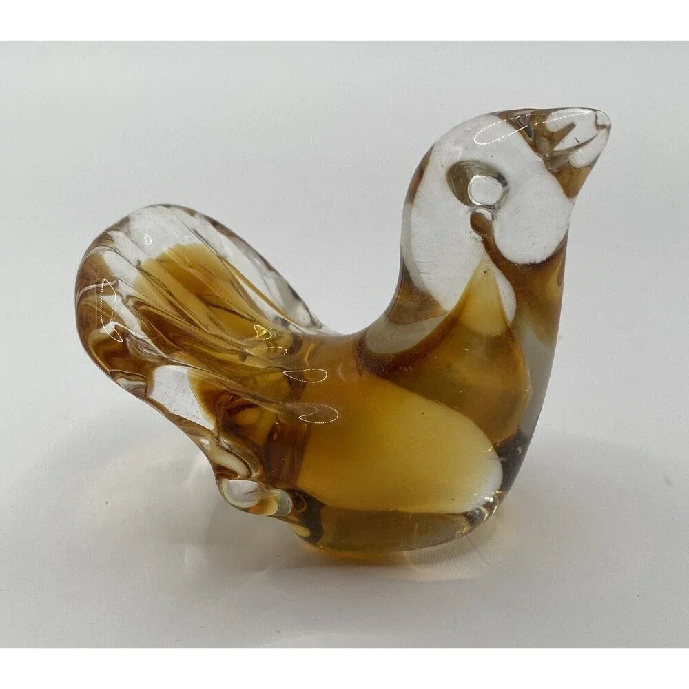 Vintage Blown Glass Art Amber Bird Paperweight 3”